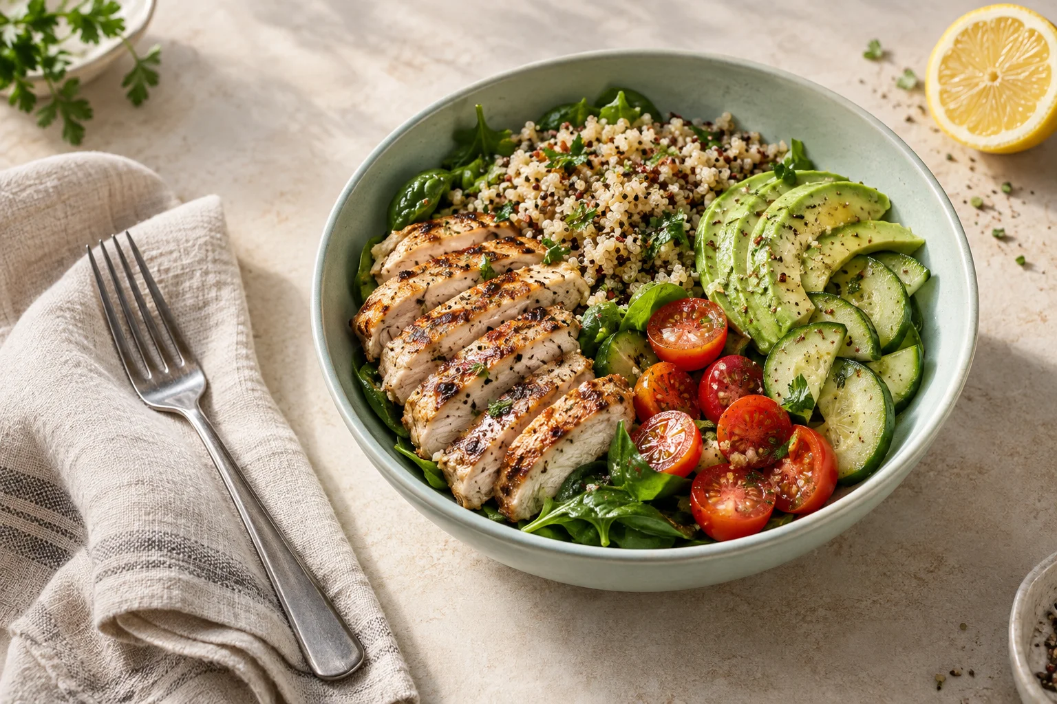 Chicken, quinoa, avocado, and fresh vegetables in a ceramic bowl