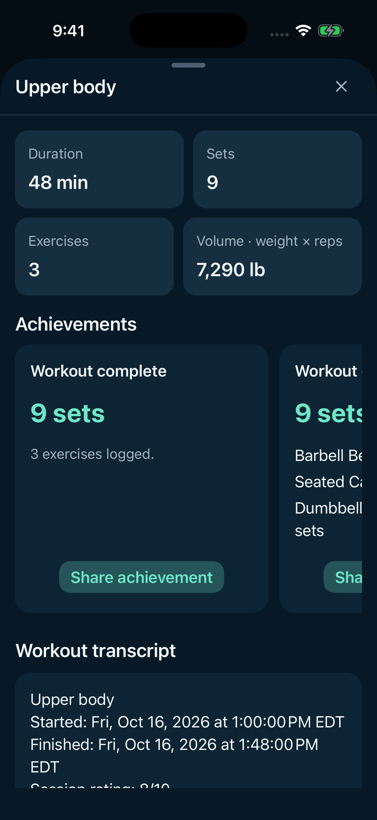 Gramello iOS workout results with sample session metrics and an achievement card