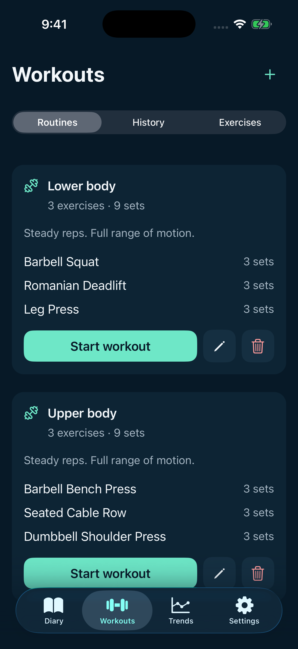 Gramello iOS workout routines with sample strength sessions and a Start workout button