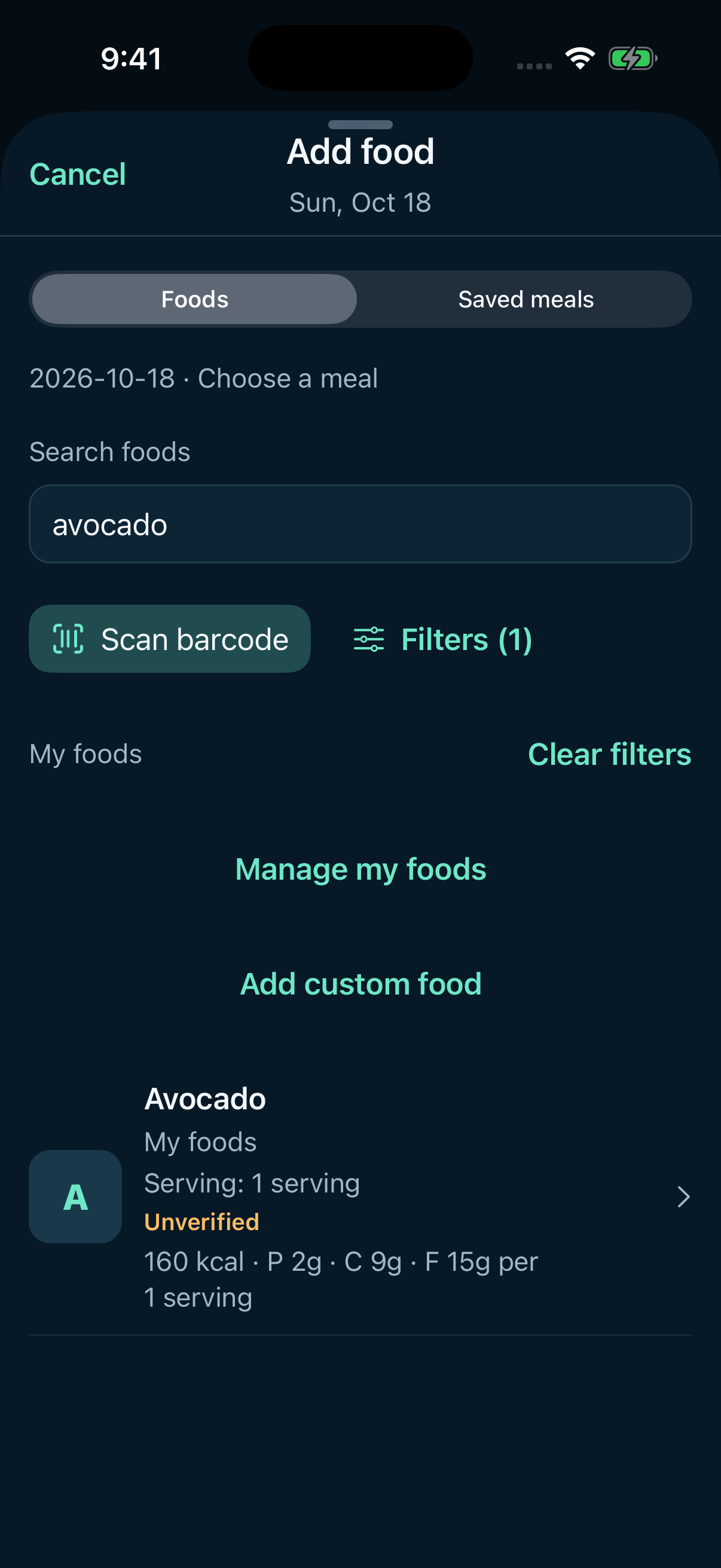 Gramello food search in the iOS app, showing food results and nutrition information with sample data